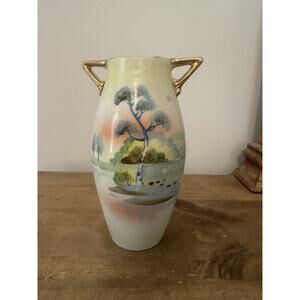 Nippon Hand Painted Landscape Double Handle Ceramic Vase 6”T